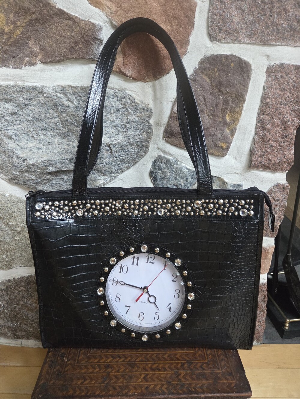 Far Nine Retro Python Embossed Studded CLOCK BAG